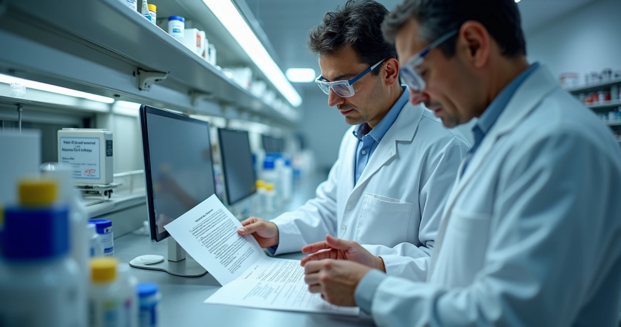 Equipe farmacêutica analisando laudos de qualidade