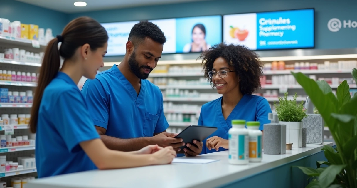 Equipe de farmácia em uniforme azul oferecendo atendimento digital ao cliente no balcão 