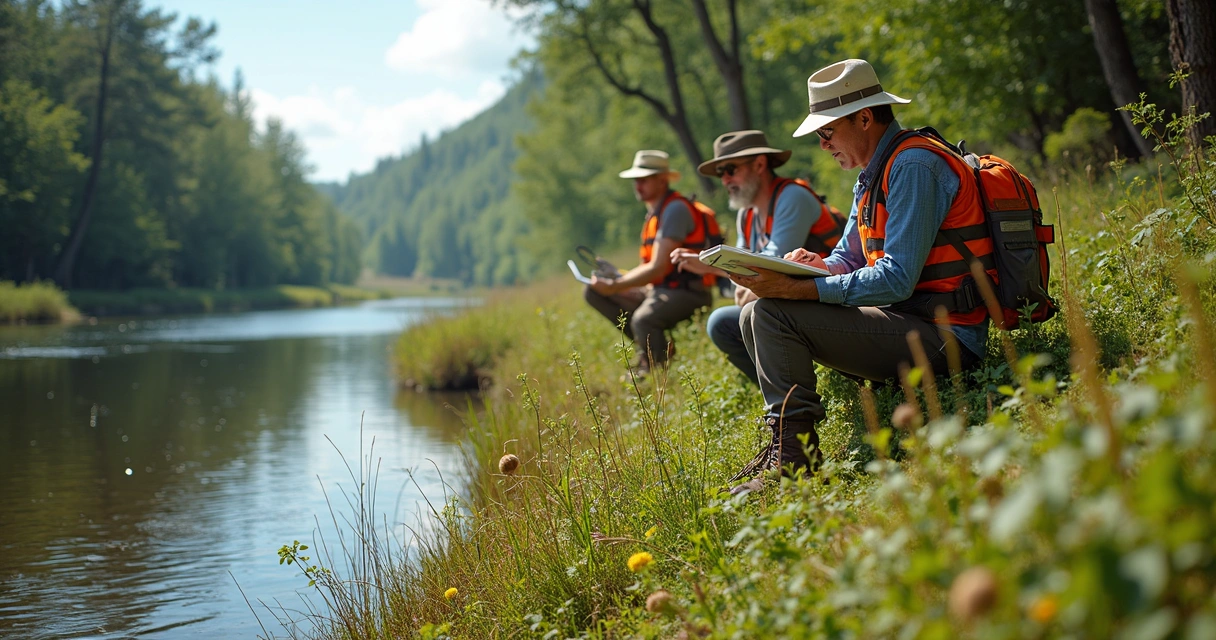 Equipe técnica avaliando fauna e flora para estudo de impacto ambiental 