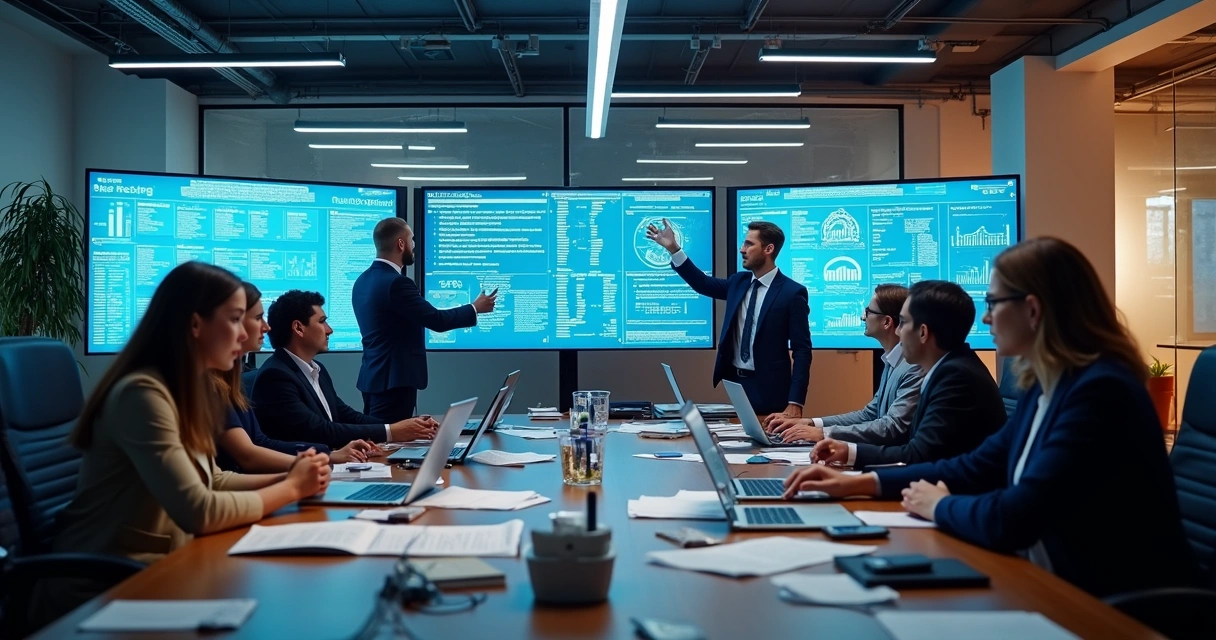 Equipe realizando auditoria em dados jurídicos, com computadores e relatórios digitais 