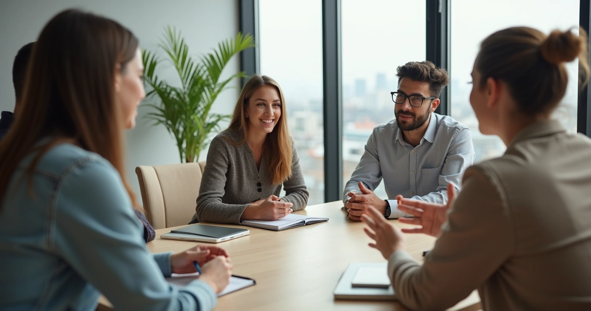 Grupo diverso em reunião de feedback colaborativo em escritório moderno 