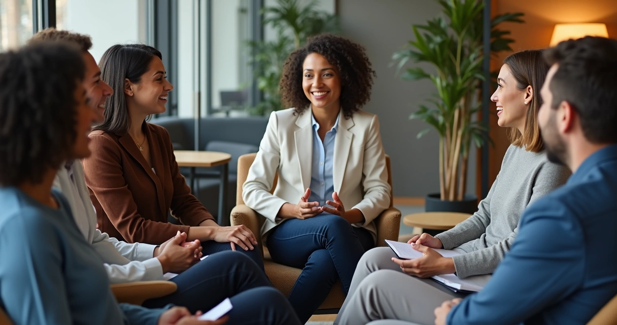 Equipe reunida em círculo, trocando feedbacks de maneira respeitosa e atenta 