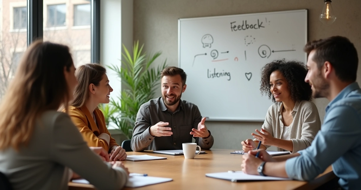 Equipe diversa em reunião dando feedback emocional consciente 