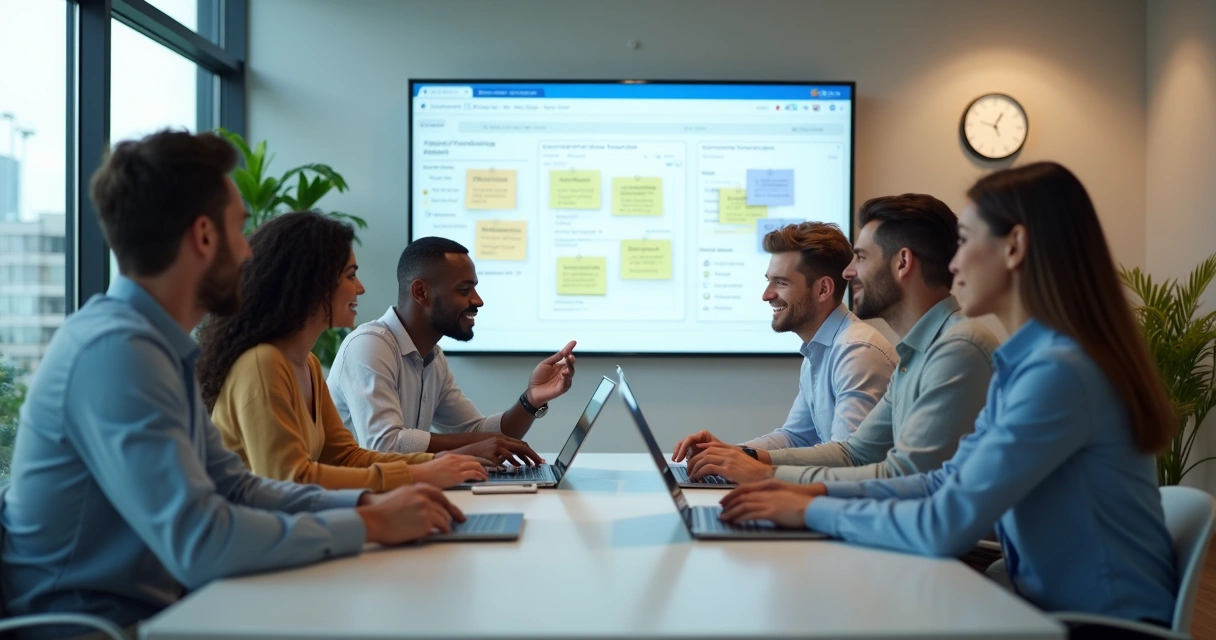 Equipe reunida em torno de uma mesa com notebooks, recebendo feedback em tempo real 