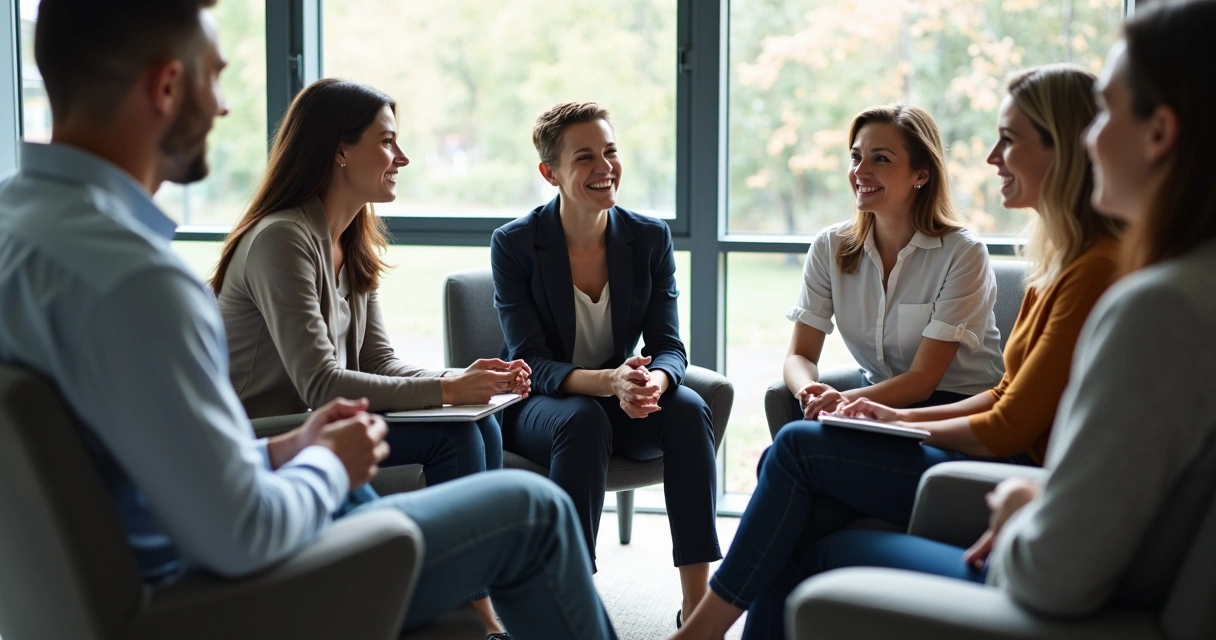 Equipe reunida em círculo, ouvindo e sorrindo durante sessão de feedback 
