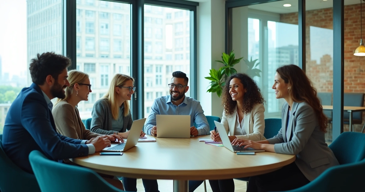Equipe de colaboradores sorrindo em ambiente de trabalho corporativo 