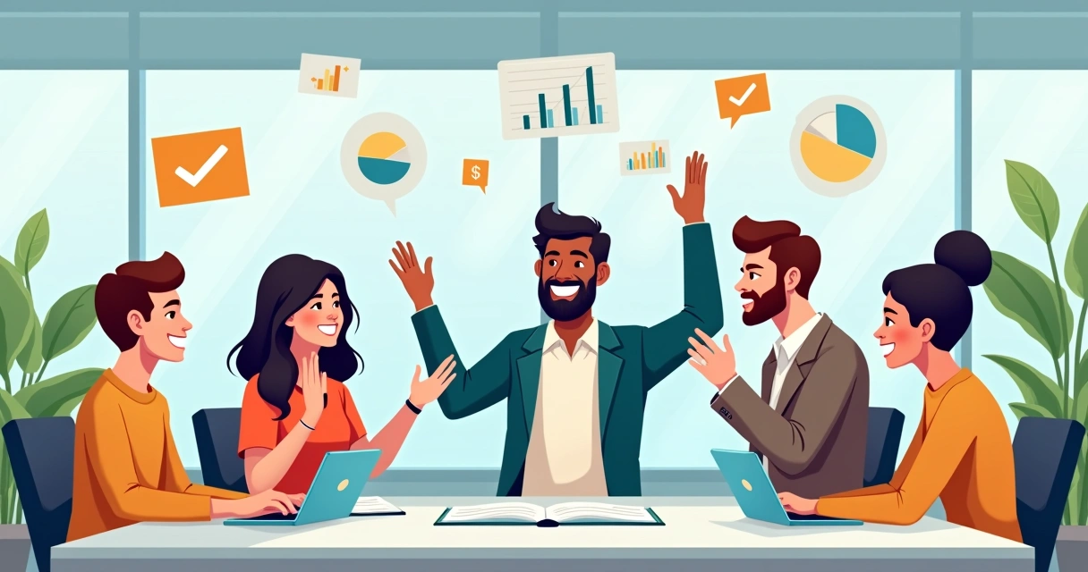 Equipe financeira sorrindo por ter reduzido tarefas manuais