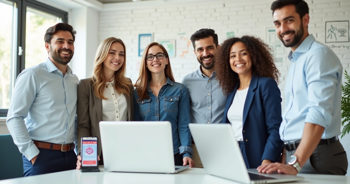 Equipe de escritório feliz com vantagens de saúde digital 