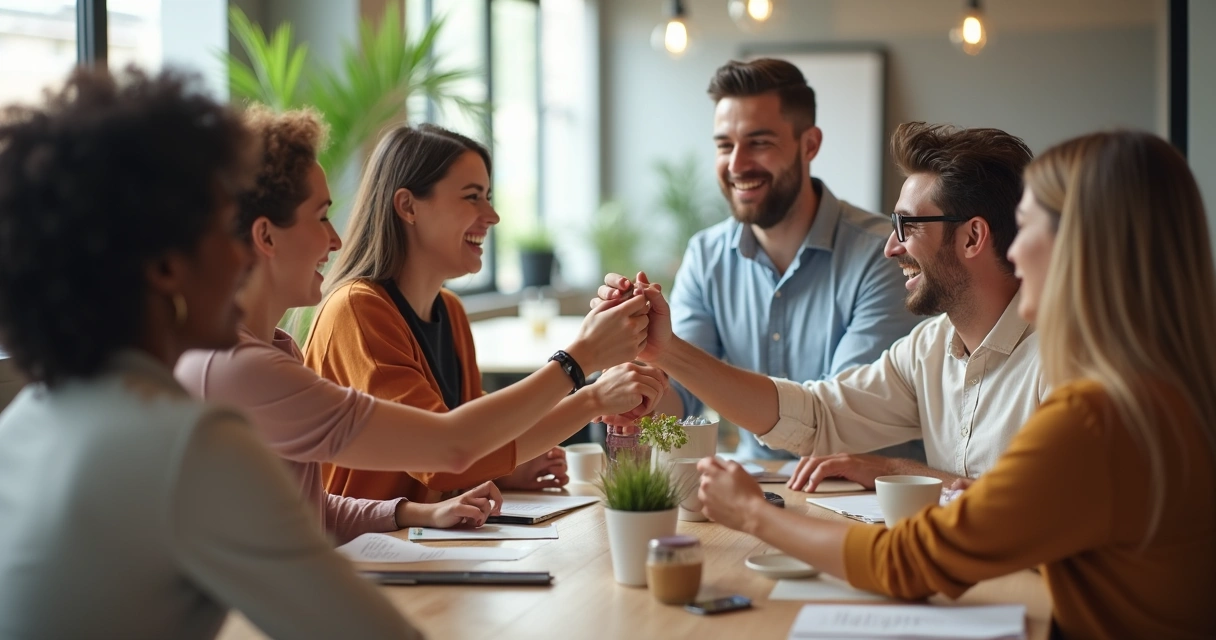 Equipe em escritório comemorando juntos com gestos de agradecimento