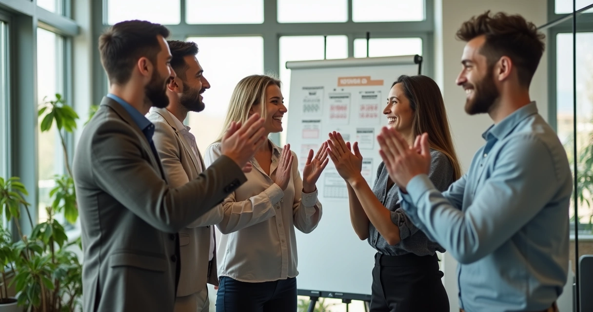 Grupo de colegas comemorando resultado no escritório 