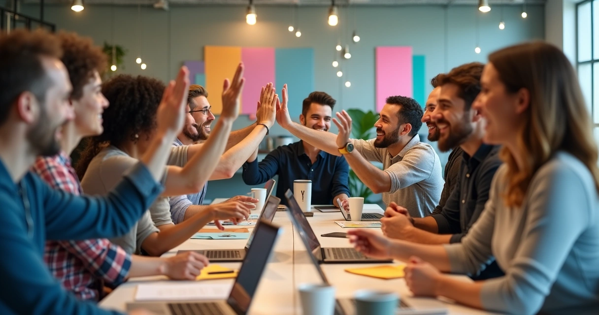 Equipe de trabalho celebrando resultado positivo com sorrisos
