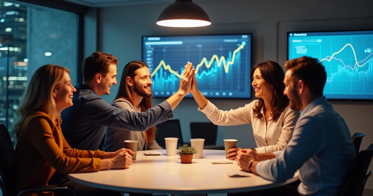Equipe reunida celebrando automação de resultados 