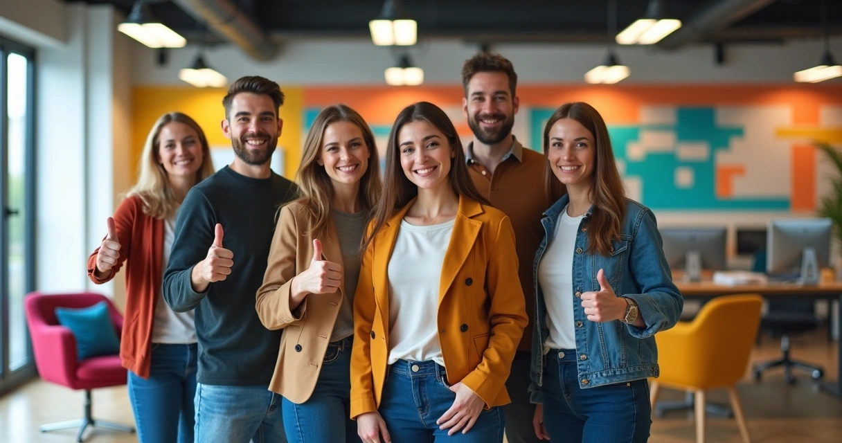 Equipe de atendimento sorridente com clientes satisfeitos ao redor 