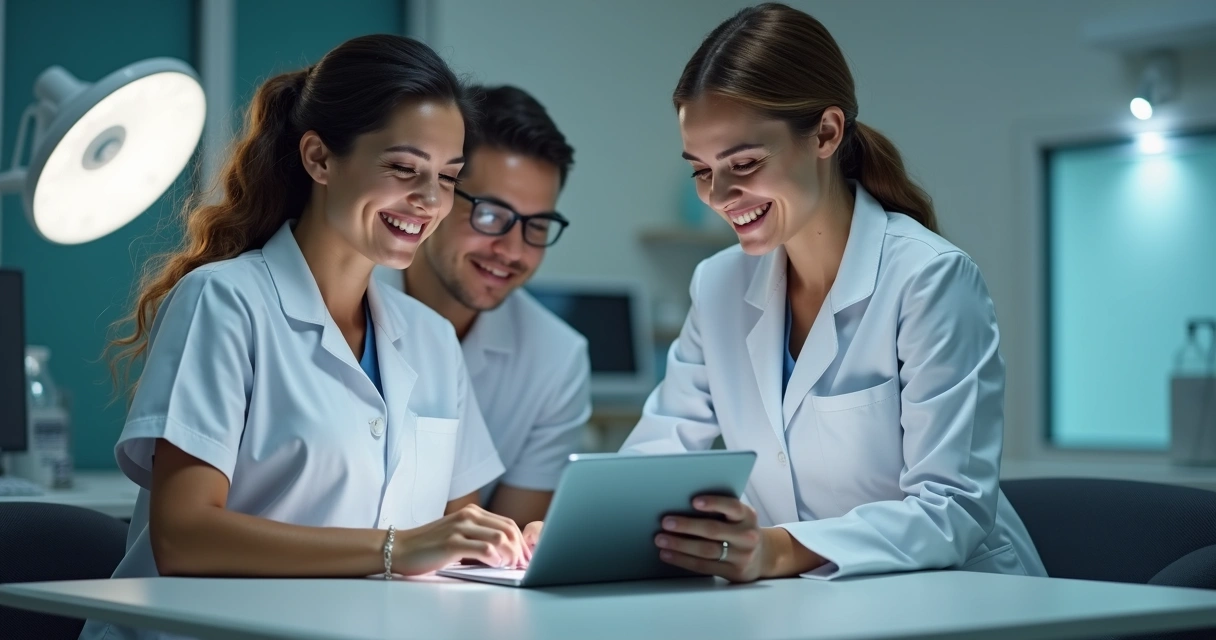 Equipe de clínica odontológica feliz com tablet analisando pagamentos online 