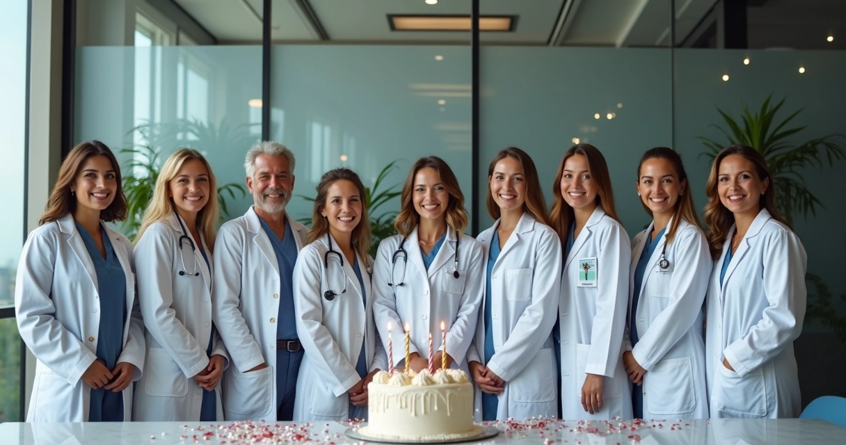 Equipe de clínica de saúde reunida, sorridente, celebrando resultados em sala moderna. 