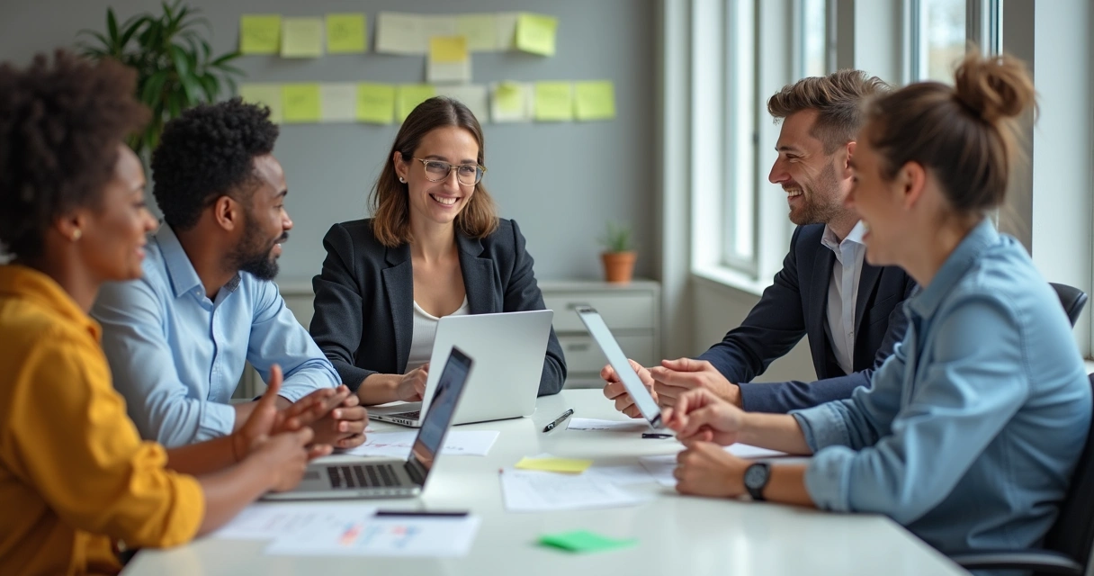 Equipe diversa, sorrindo e colaborando em reunião 