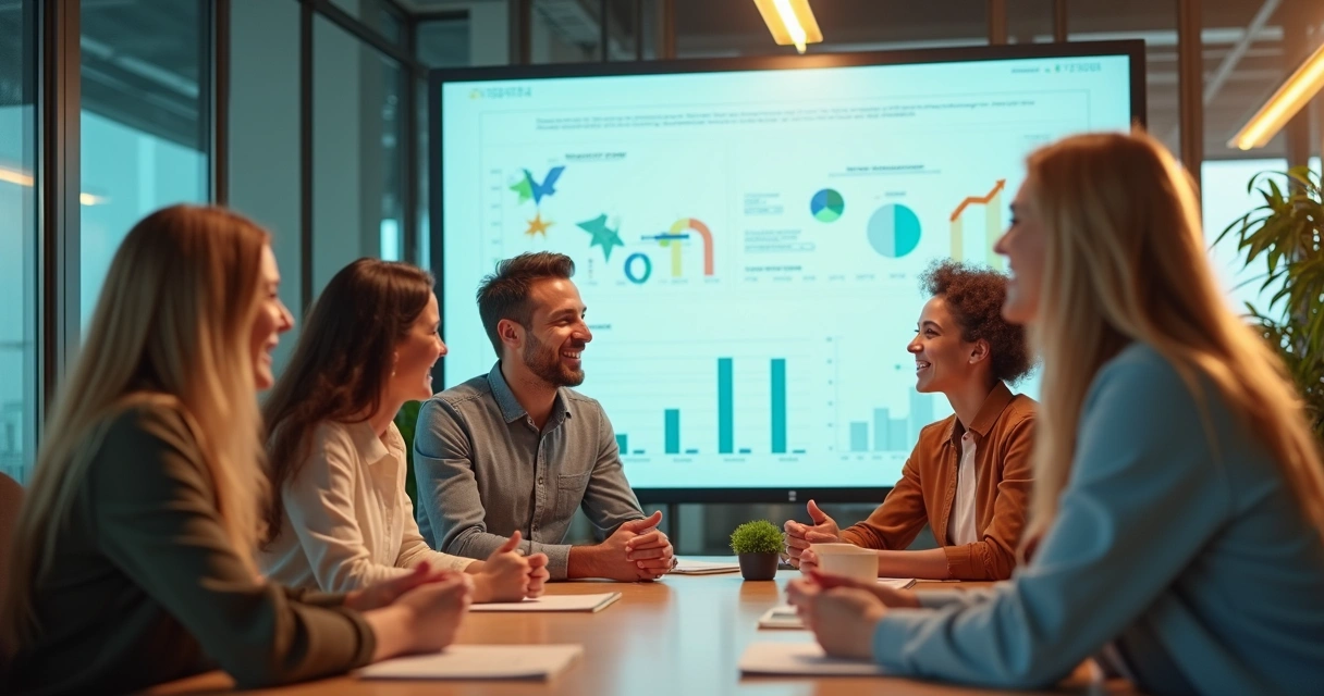 Equipe reunida em escritório comemorando os bons resultados 