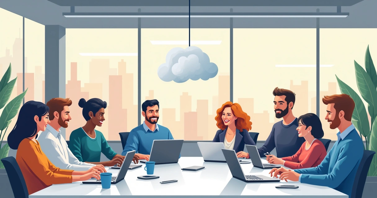 Equipe animada usando computadores em um escritório moderno 