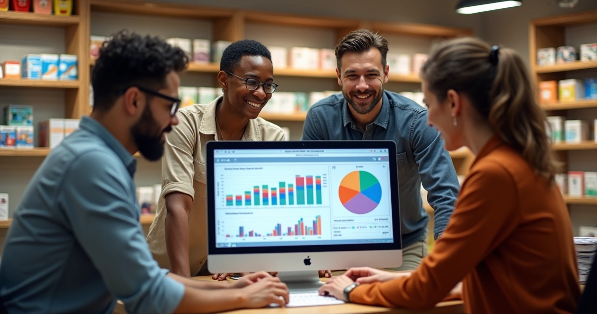 Equipe de loja analisando dashboard de ERP em computador com resultados positivos 