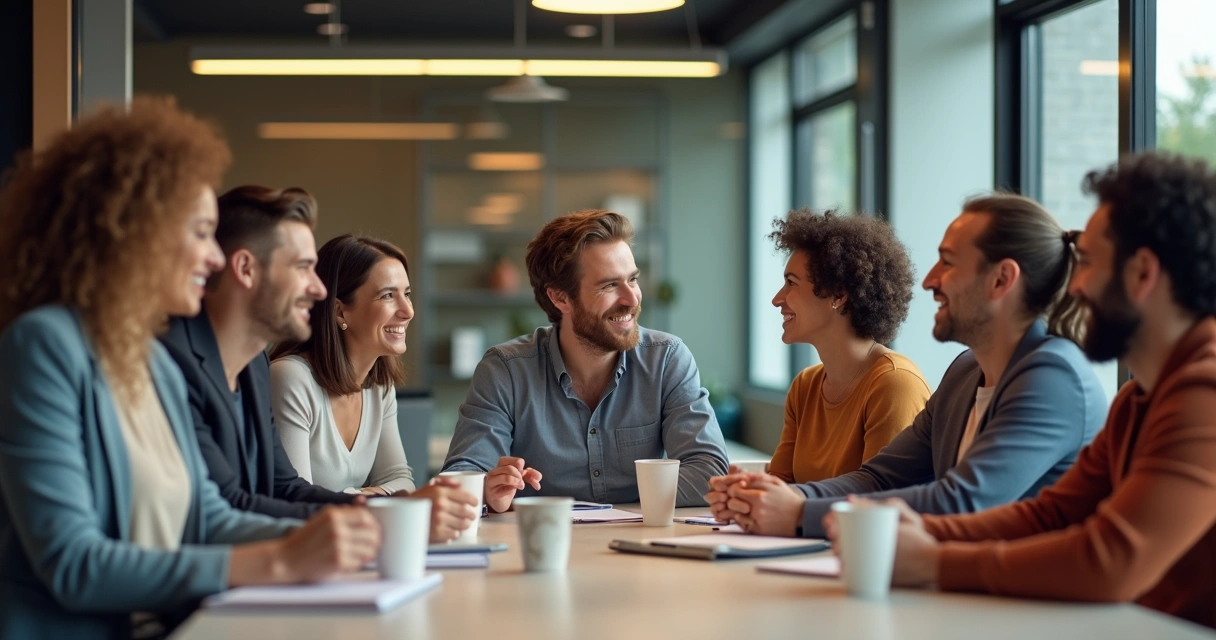 Equipe de trabalho reunida em uma mesa, sorrindo e conversando.