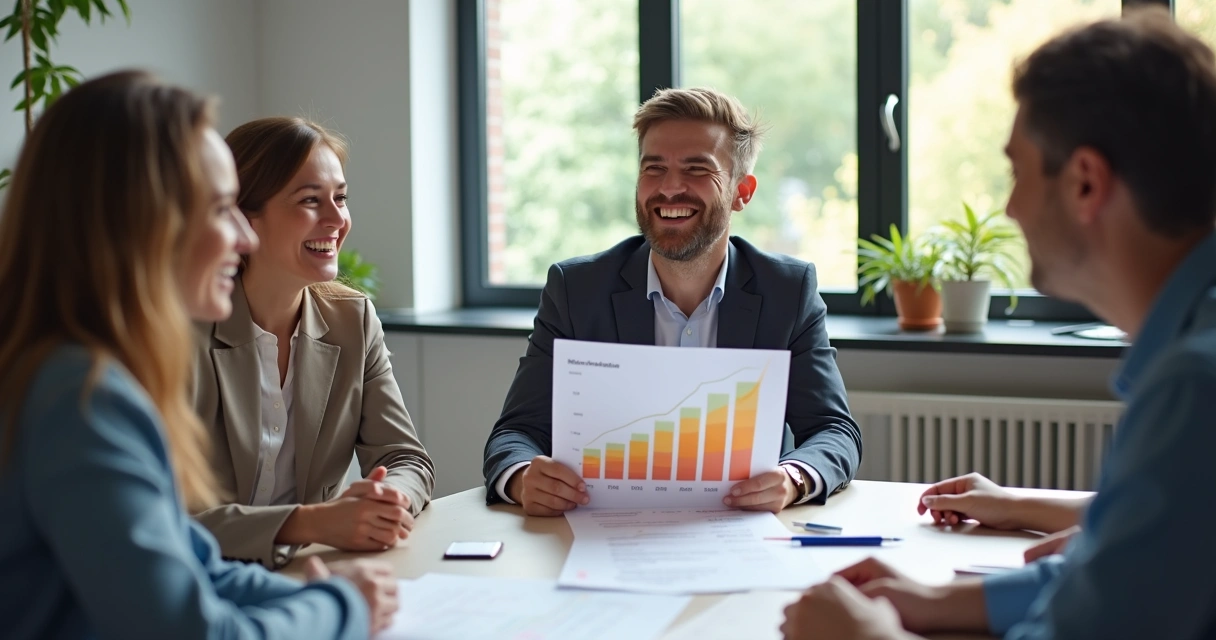 Equipe comemorando resultado positivo após comunicação respeitosa 
