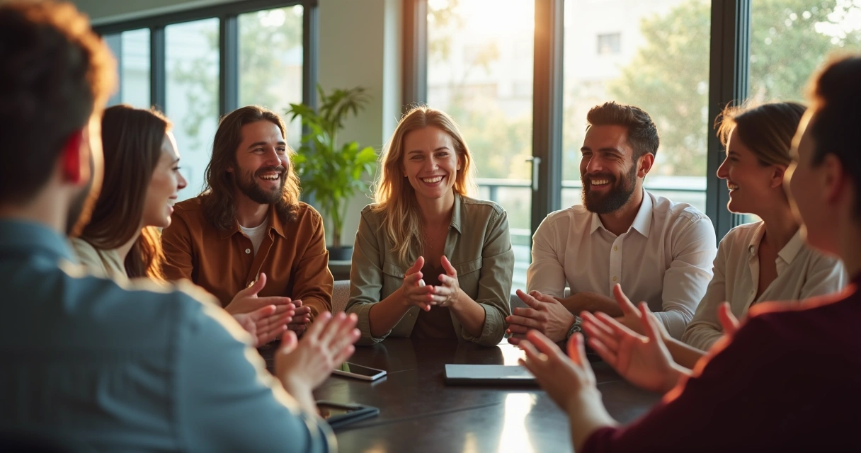 Equipe sentada em círculo sorrindo demonstrando confiança e colaboração 