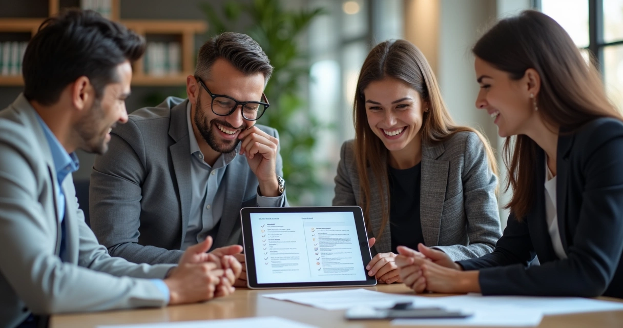 Equipe alegre ao evitar erro em contrato com análise automatizada