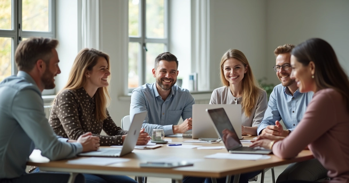 Equipe de colegas sorrindo em sala de reunião moderna 