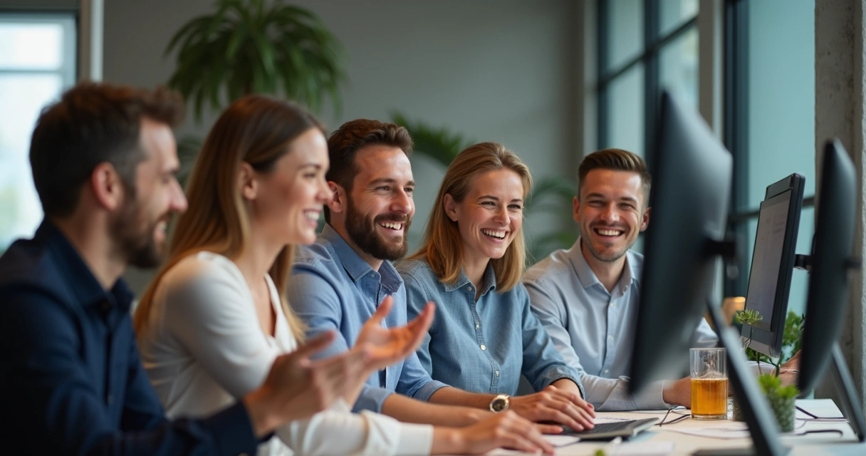 Equipe empresarial sorrindo por alcançar sucesso digital 