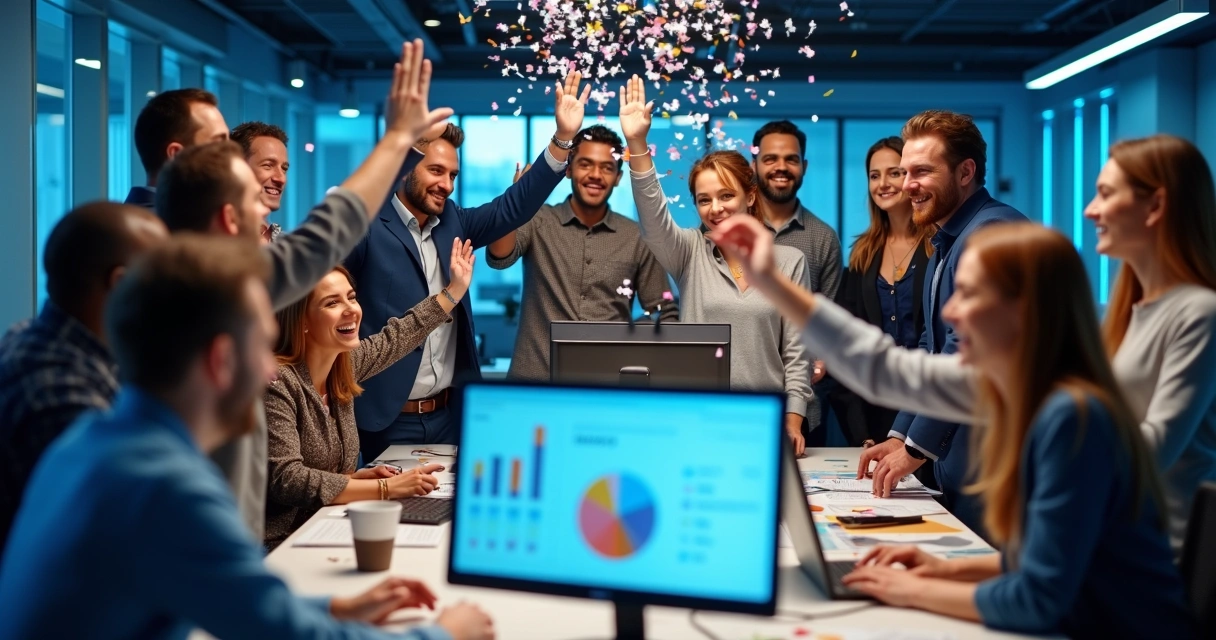 Equipe de TI comemorando sucesso em integração ERP