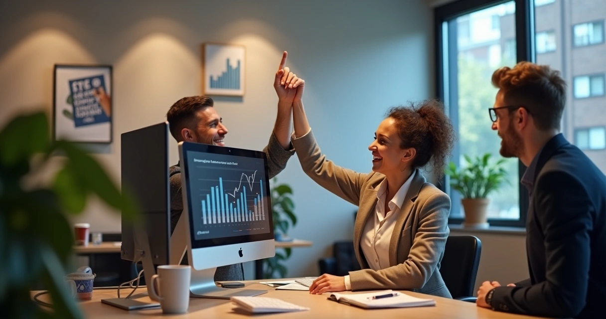 Equipe financeira satisfeita em escritório após reduzir inadimplência com automação 