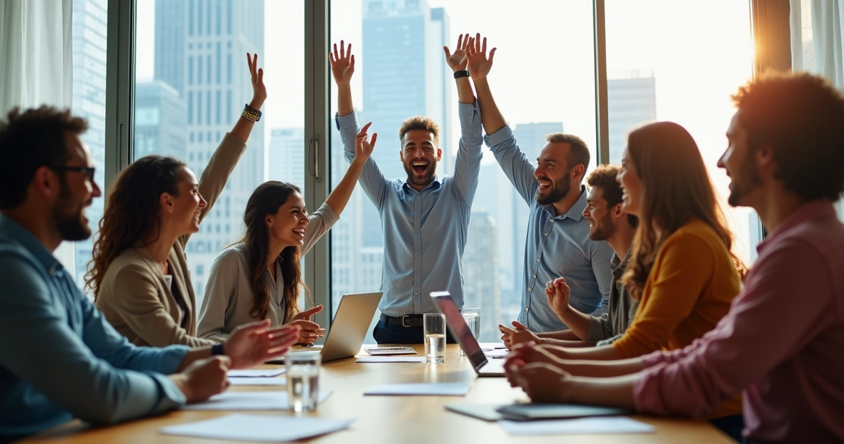 Equipe sorrindo, celebrando resultados alinhados 