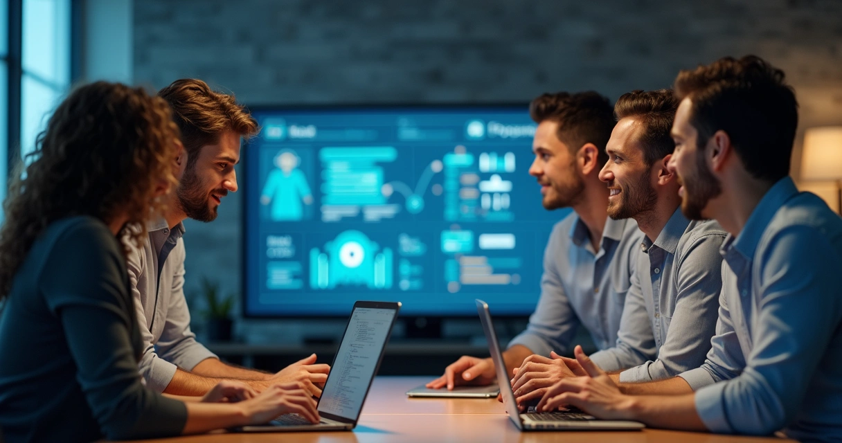 Equipe reunida interagindo com plataforma digital de IA 