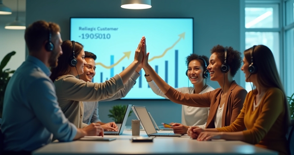 Equipe de atendimento comemorando retenção de clientes 