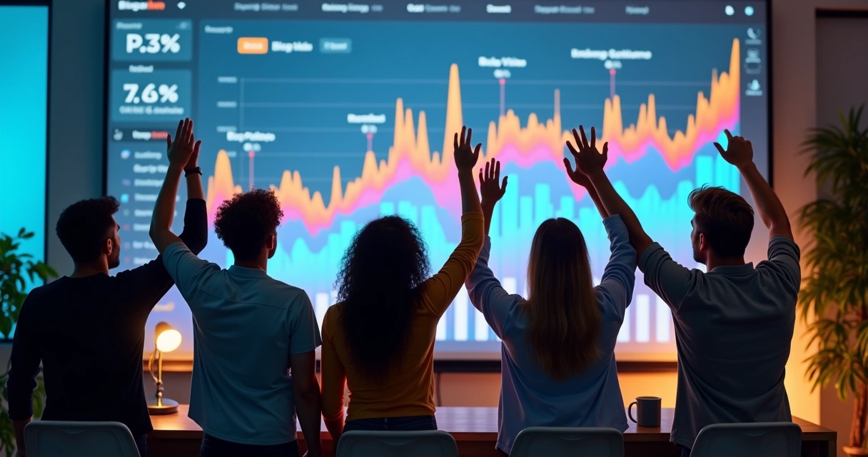 Equipe celebrando ao ver resultados positivos em painel de métricas de conteúdo. 