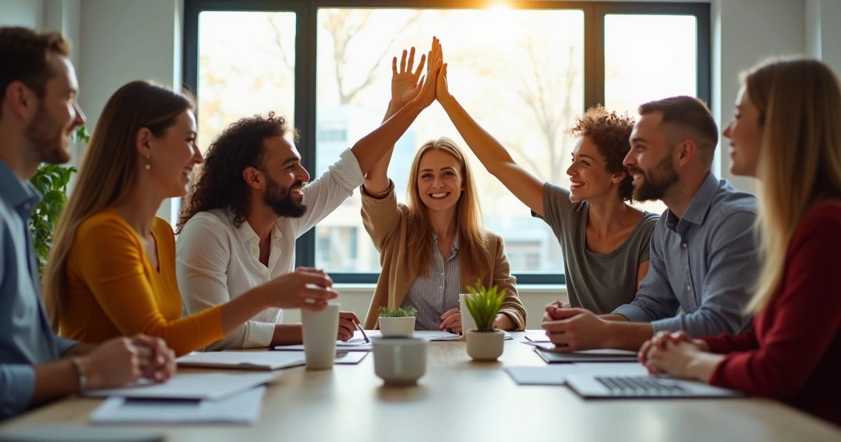 Equipe celebrando ao redor de uma mesa de escritório 