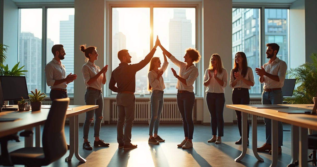 Equipe celebrando conquista em ambiente de trabalho moderno