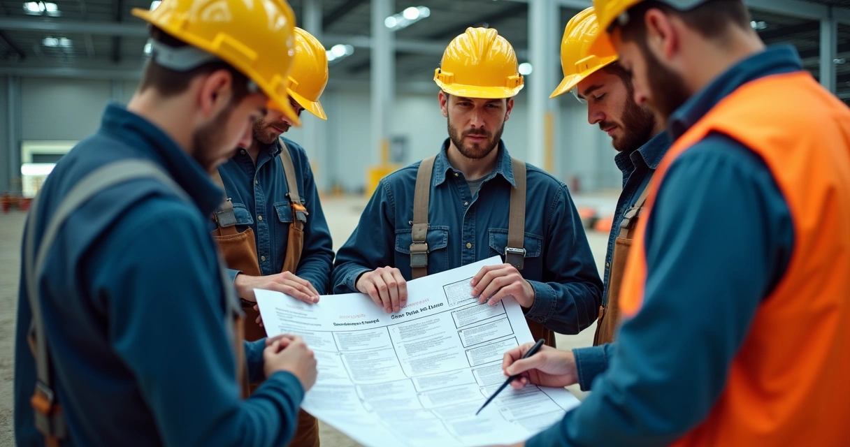 Técnicos equipados com ferramentas e EPIs revisando checklists de obra
