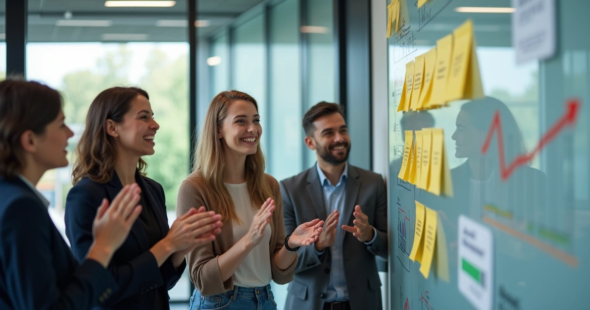 Equipe de colaboradores celebrando resultado em frente a quadro de metas 