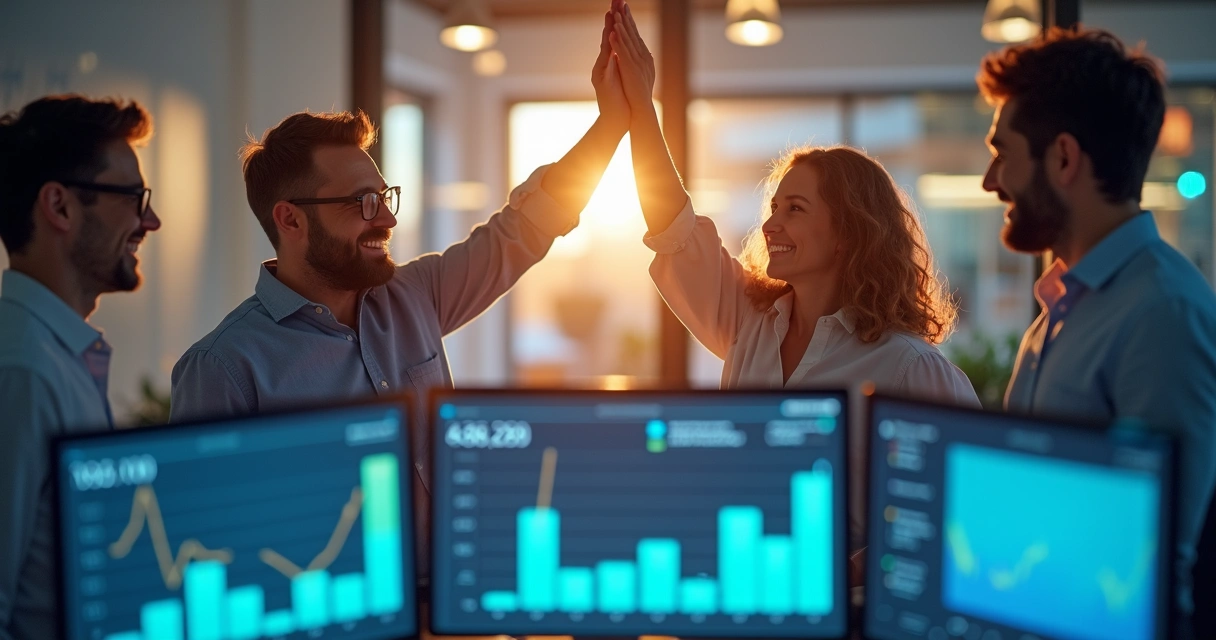 Equipe financeira de PME comemorando bom resultado com gráficos em destaque