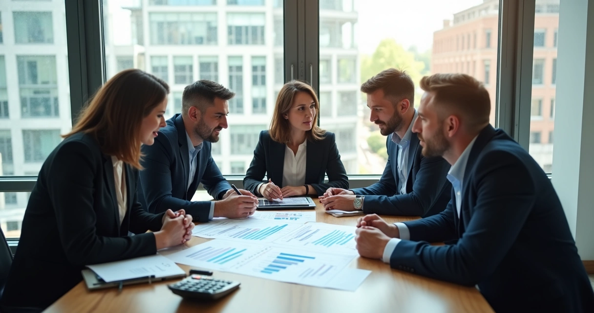 Equipe financeira analisando relatório em sala moderna de reunião, com documentos em mãos.