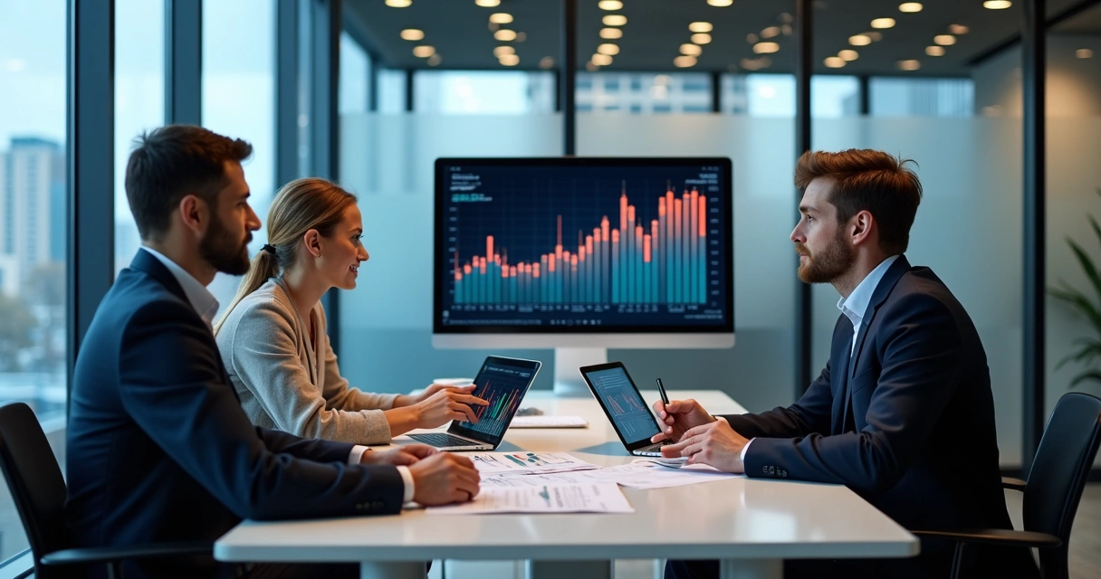 Equipe financeira reunida em mesa, analisando documentos e gráficos digitais 