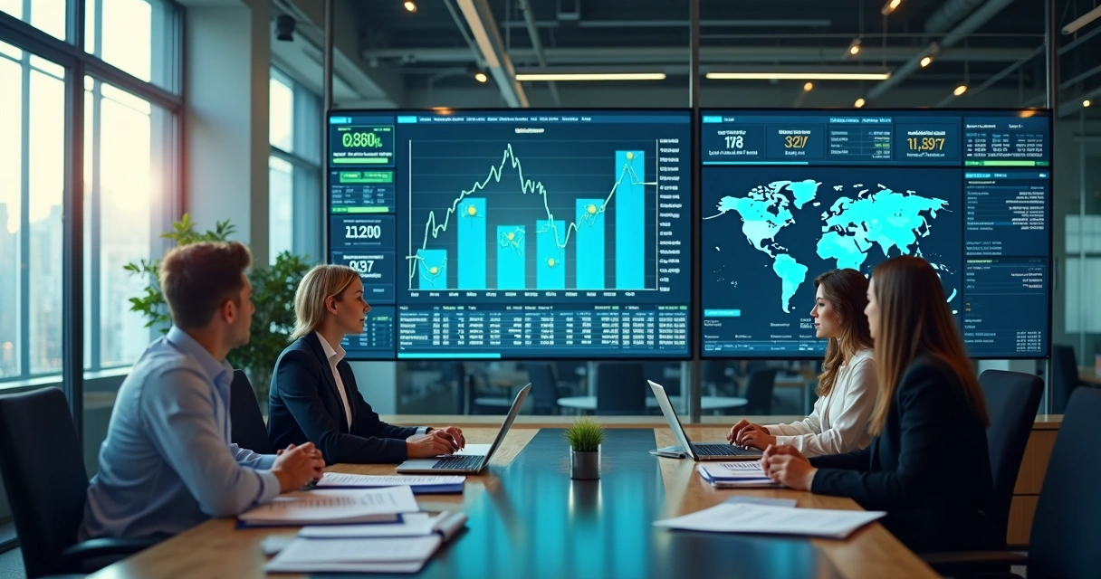 Equipe financeira analisando dados em tempo real 