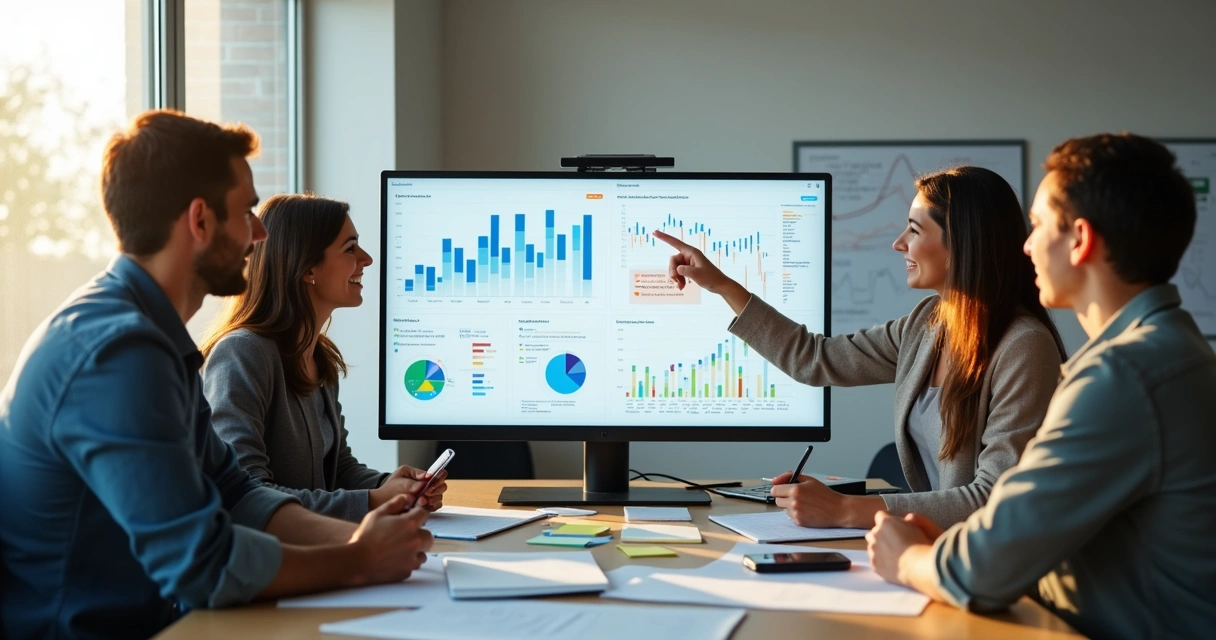 Equipe reunida em torno de monitor com gráficos financeiros 