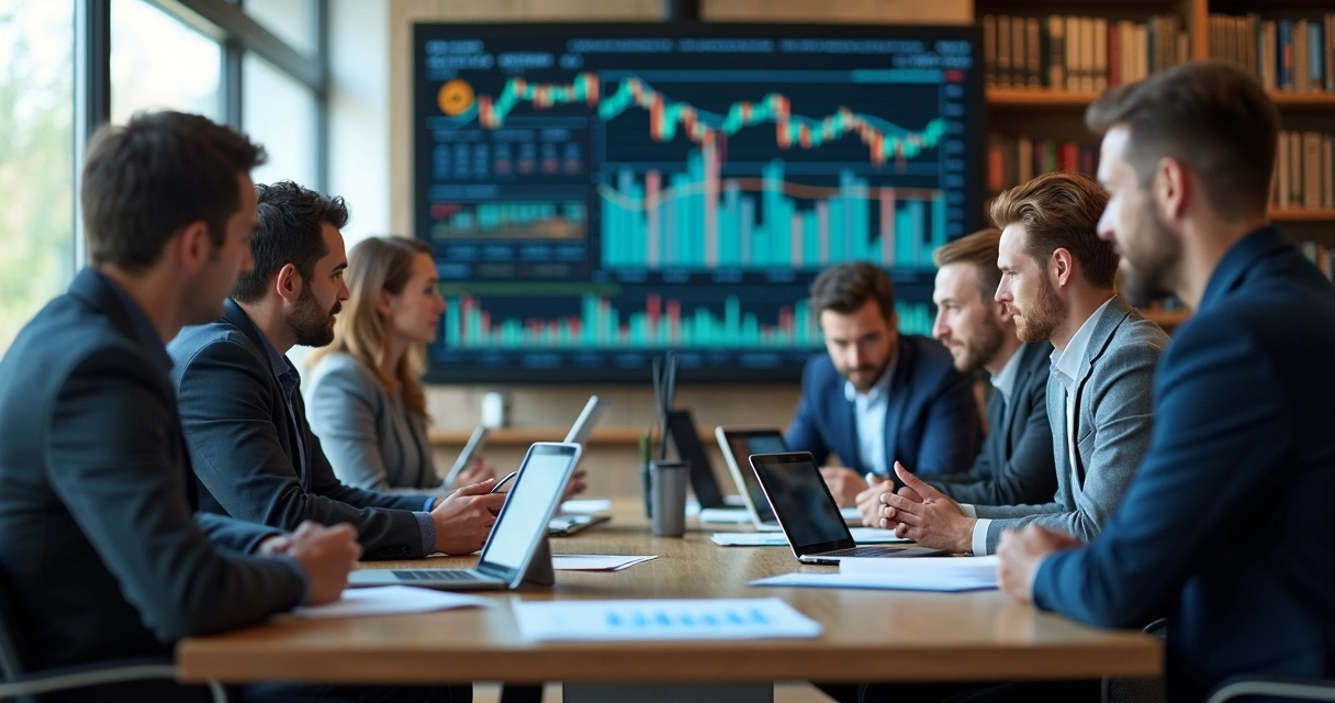 Equipe financeira analisando dados em sala de reunião 