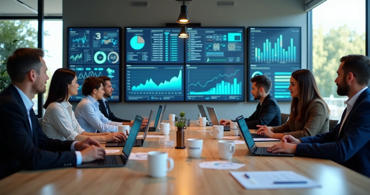 Equipe de BPO financeiro em escritório usando automação digital 