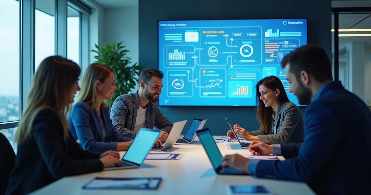 Equipe financeira em reunião com relatórios digitais 