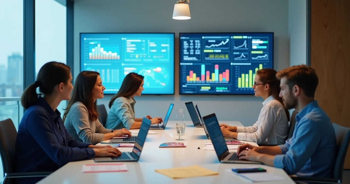 Equipe financeira analisando sistemas de automação bancária 