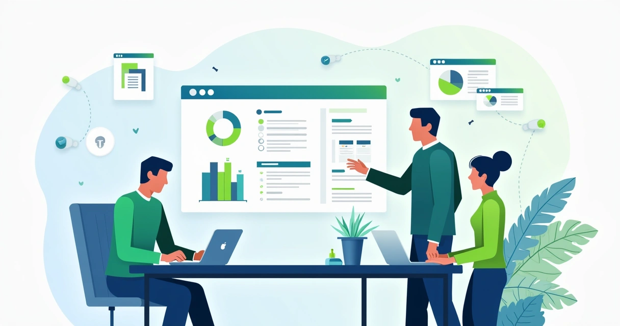 Equipe financeira em escritório automatizando processos de cobrança com computadores, gráficos e checklists 
