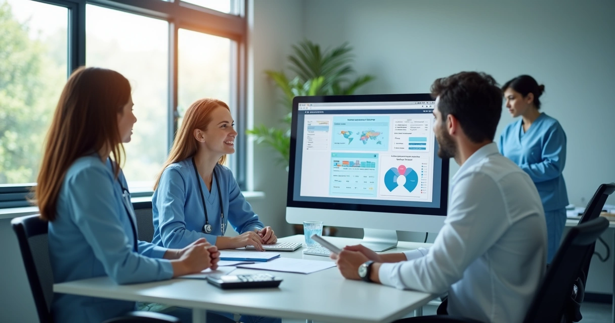 Equipe financeira em clínica analisando relatórios e fluxo de caixa